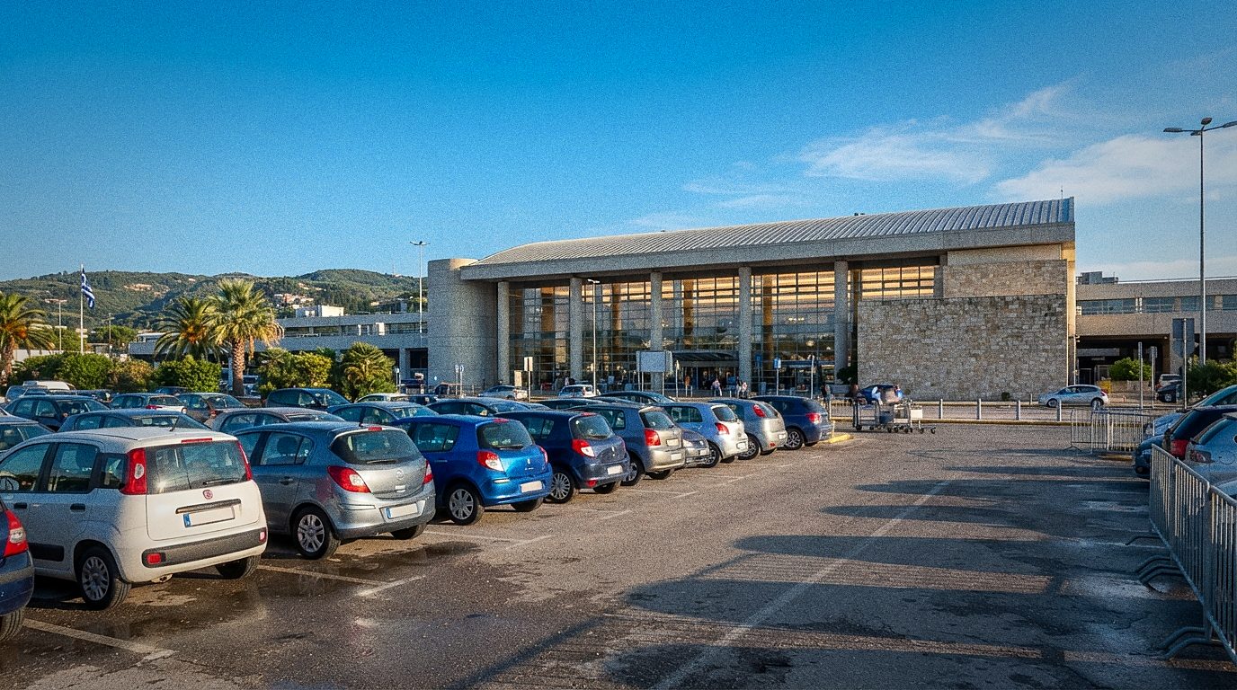 Parkplatz P1 vor dem Terminal des Flughafens Korfu
