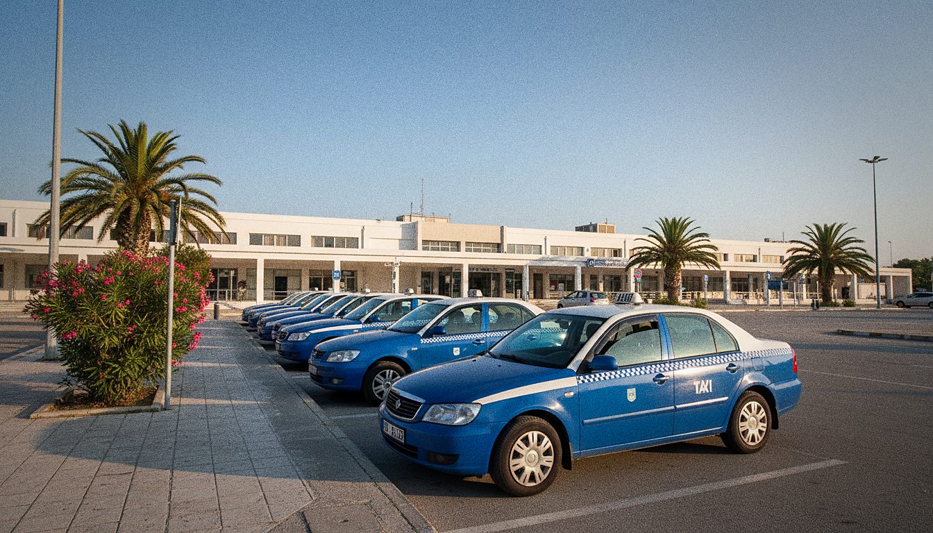 Taxistand mit blau-weißen Taxis vor der Ankunftshalle des Flughafens Korfu