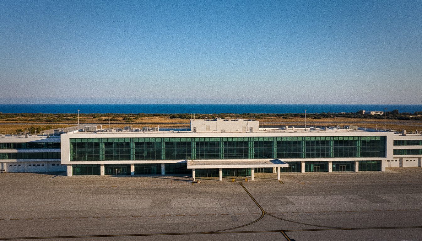 Fassade des von Fraport ausgebauten Terminals am Flughafen Korfu bei Tag