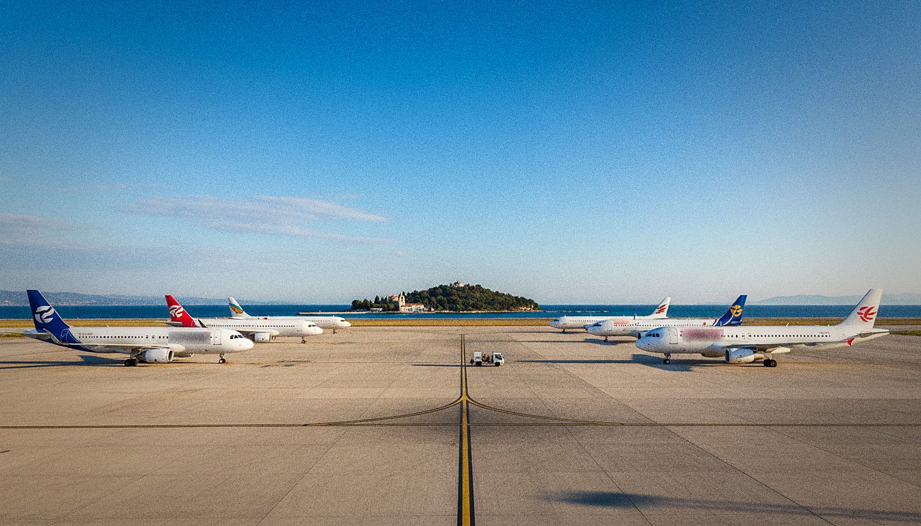 Vorfeld des Flughafens Korfu mit parkenden Ferienfliegern und Blick auf den Kanoni-Hügel
